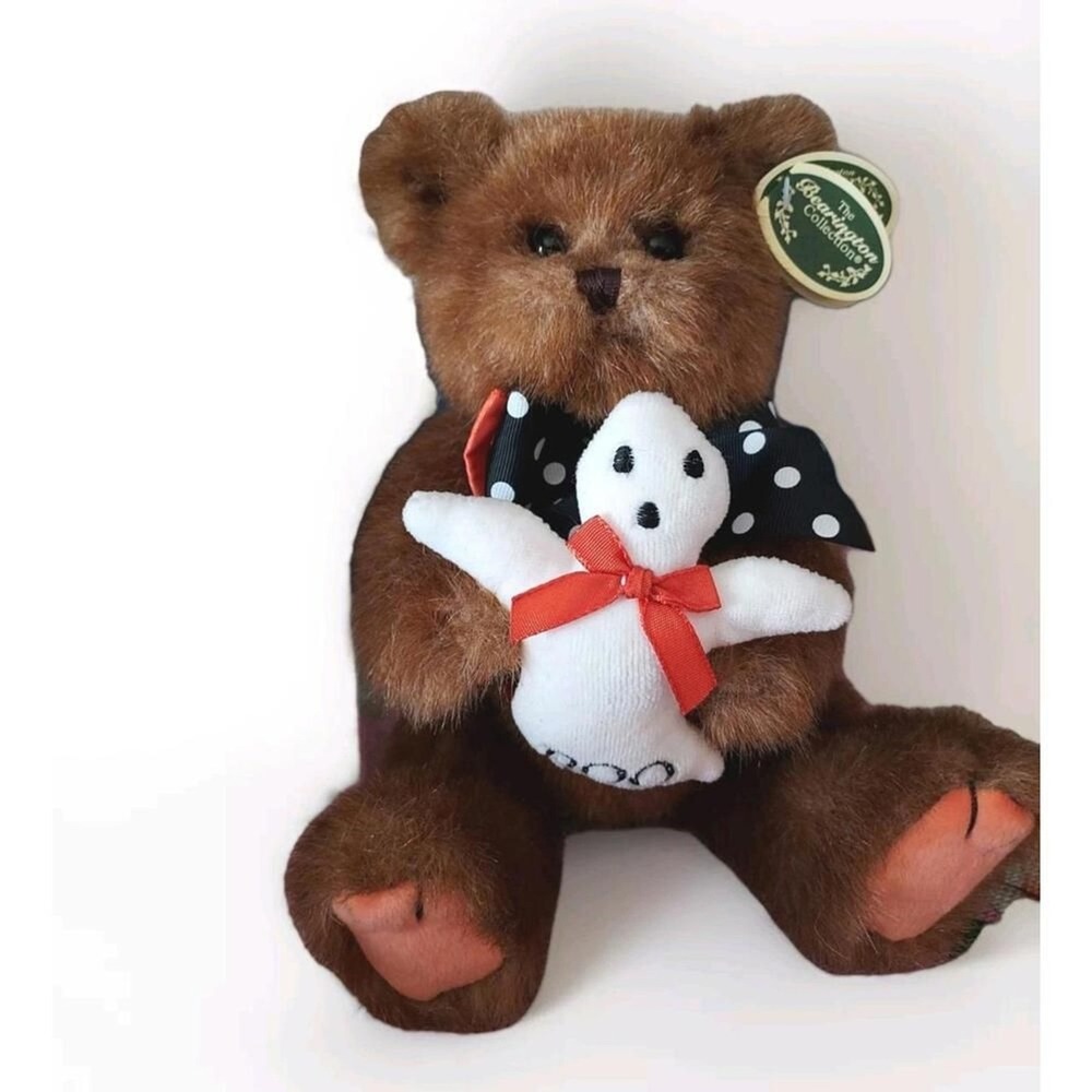 Bearington Collection Beary Scary Halloween Plush Brown 8" Ghost Polka Dot Bow